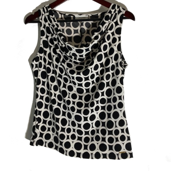 Calvin Klein NWT’s Sleeveless Draped Neckline Black White Polka Dot Blouse Sz M - Picture 1 of 15